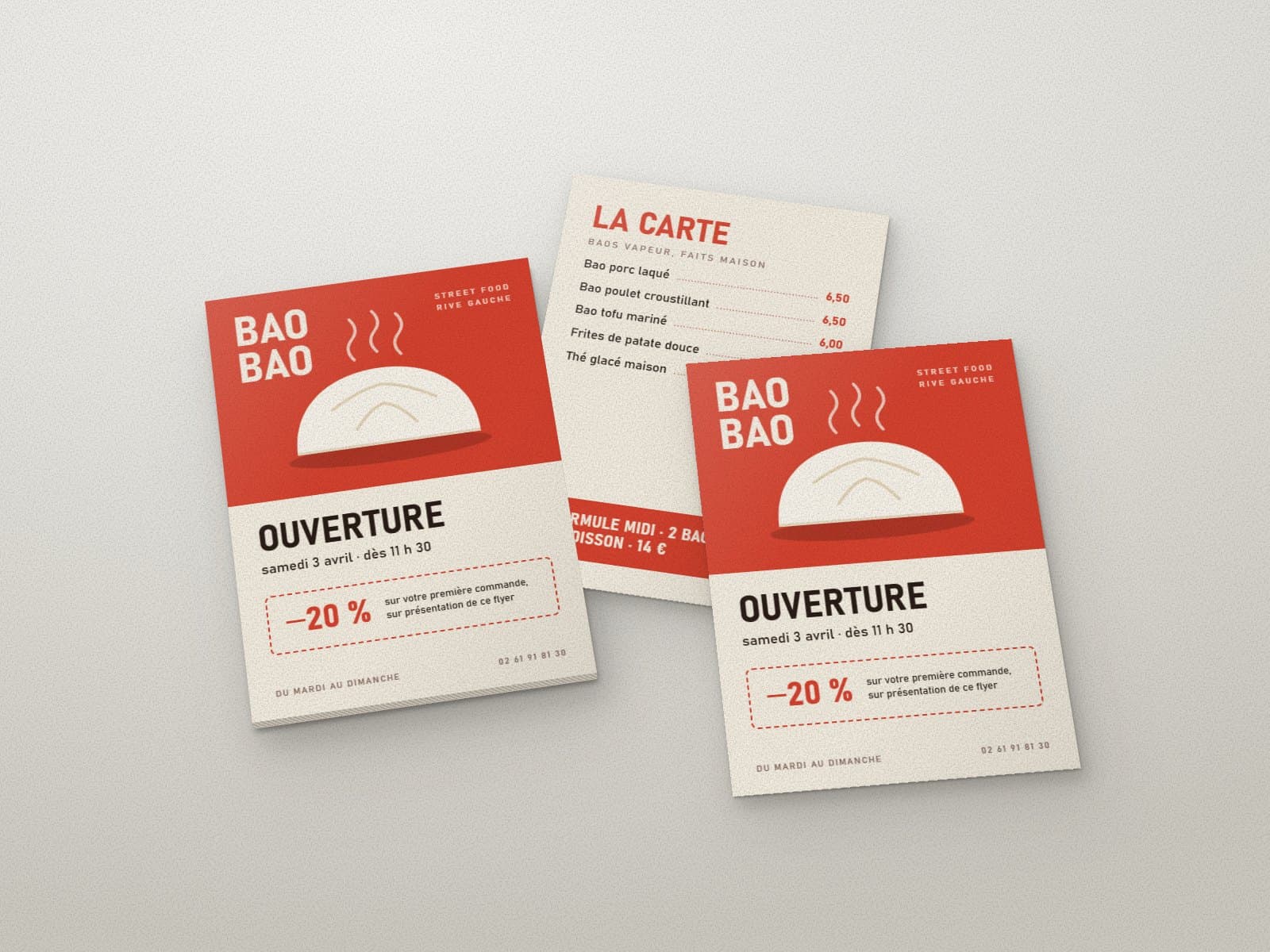 Flyers A5 d’un restaurant de street food : une pile, un recto et un verso