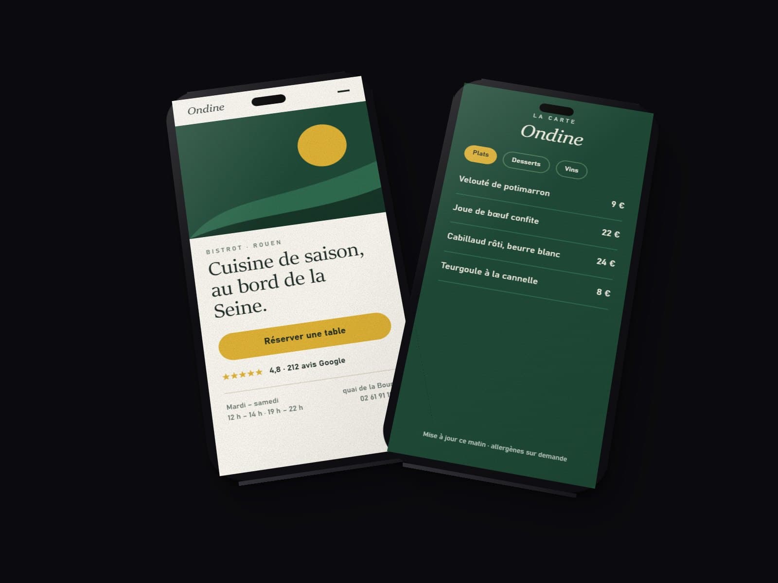 Deux téléphones : le site d’un bistrot avec son bouton de réservation, et sa carte en ligne